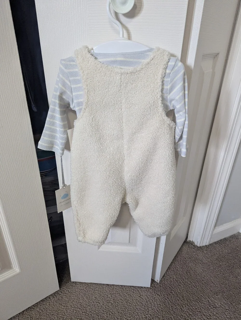 cloud island Cream Sherpa Overalls with Light Blue Stripe Bodysuit